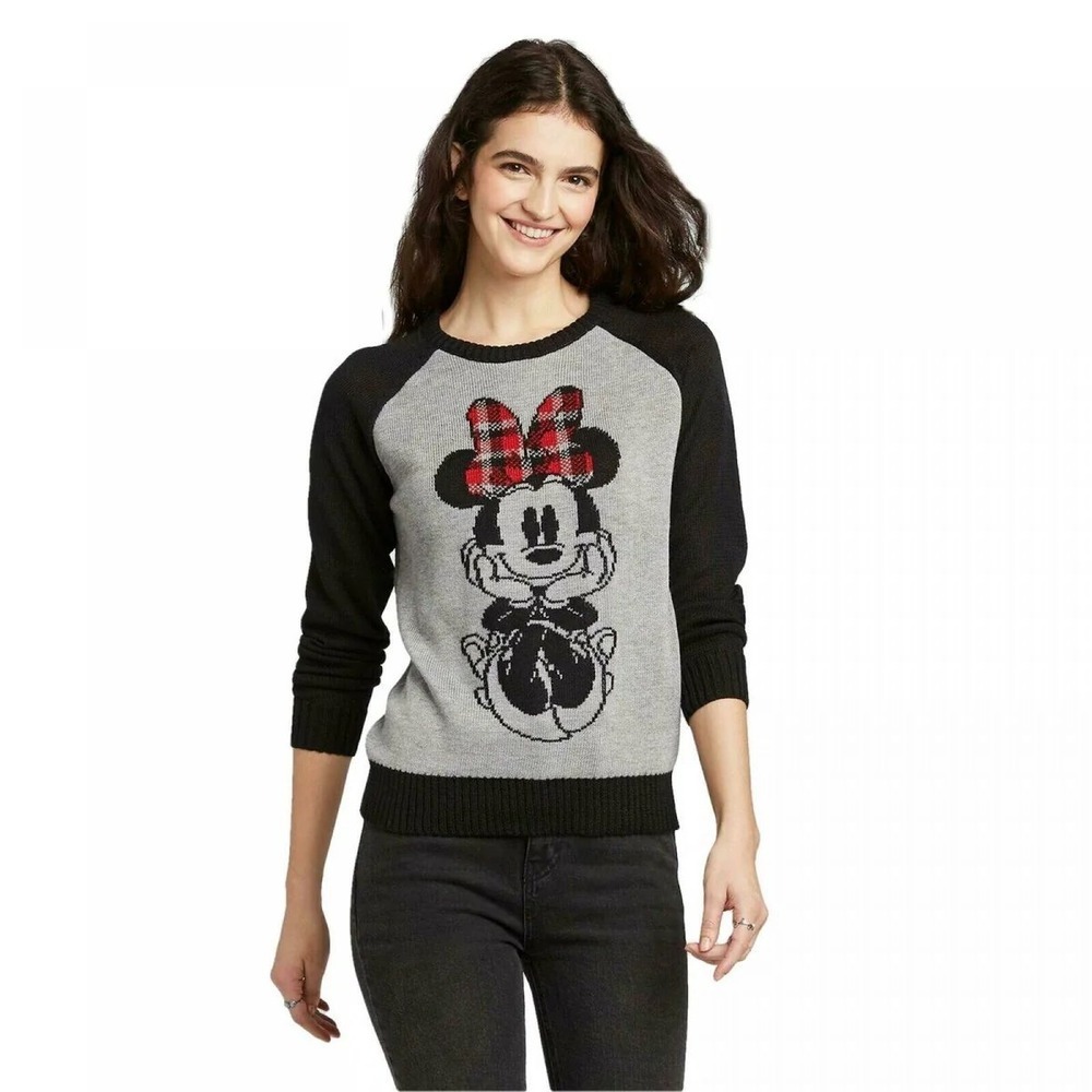 Disney Minnie Mouse Sweater Womens L Gray Black Plaid Bow Raglan Knit